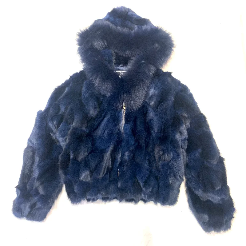 Kashani Women's Navy Blue Full Fox Fur Hooded Bomber Coat Parka Down Jacket Wool Coat