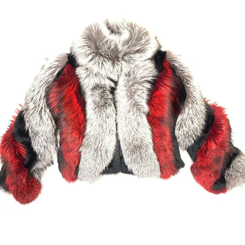 Volare Ladies Red & Silver Fox Fur Coat Bomber Denim Leather