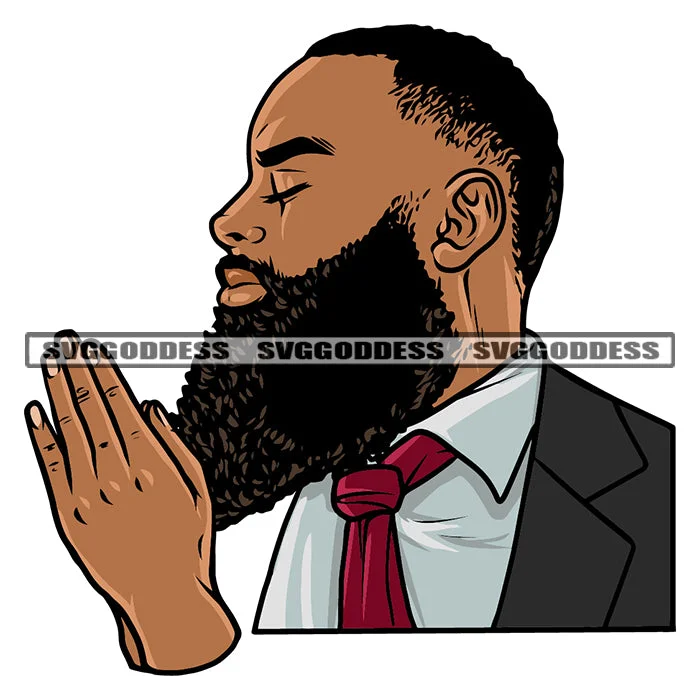 Hard Praying African American Man Close Eyes Business Man Close Wearing Coat Vector White Background Long Bard Stylish SVG JPG PNG Vector Clipart Cricut Silhouette Cut Cutting Houndstooth Coat Plaid Coat Tartan Coat