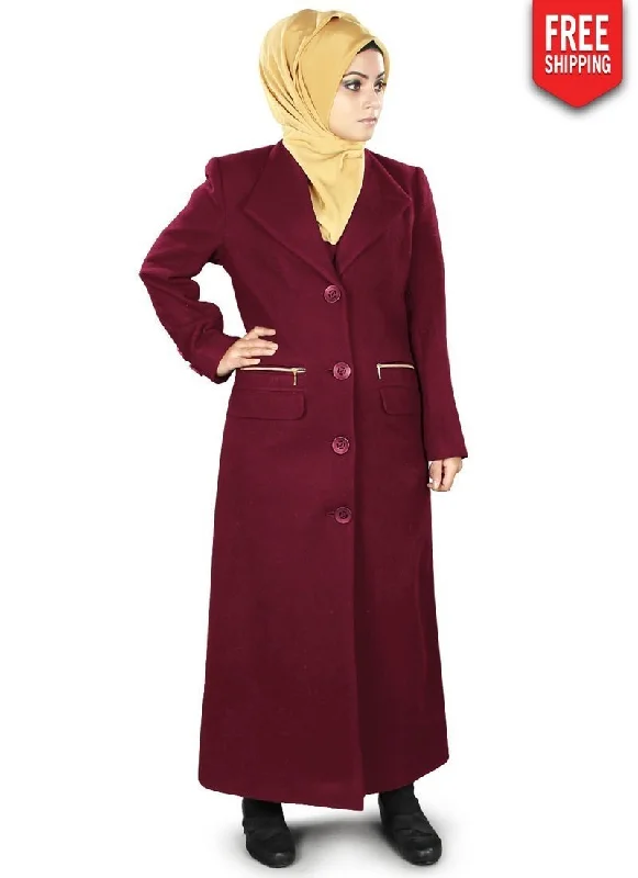 Wadiah Long Coat Maroon Buttoned Zippered Snapped