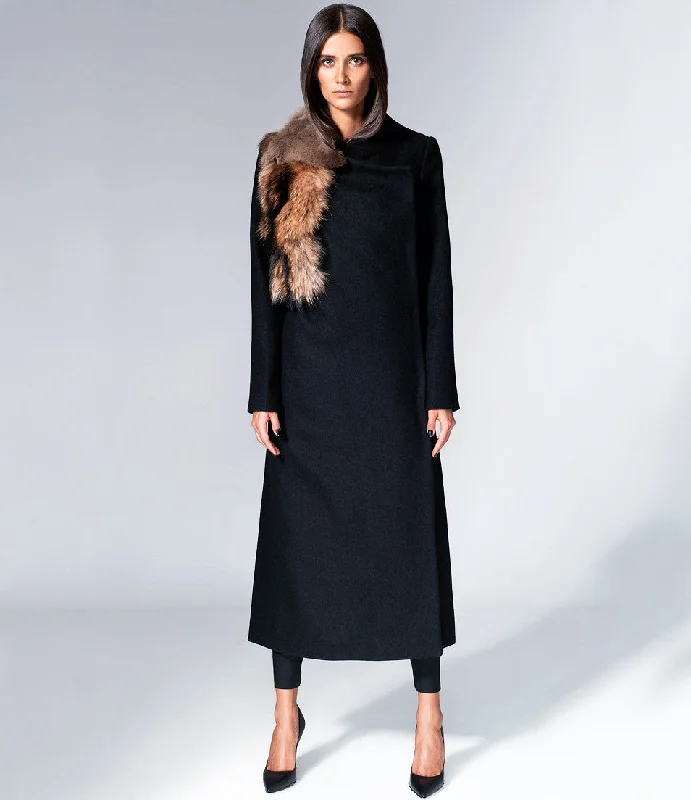 Woolen Coat with Fur Welt Pockets Slit Pockets Flap Pockets