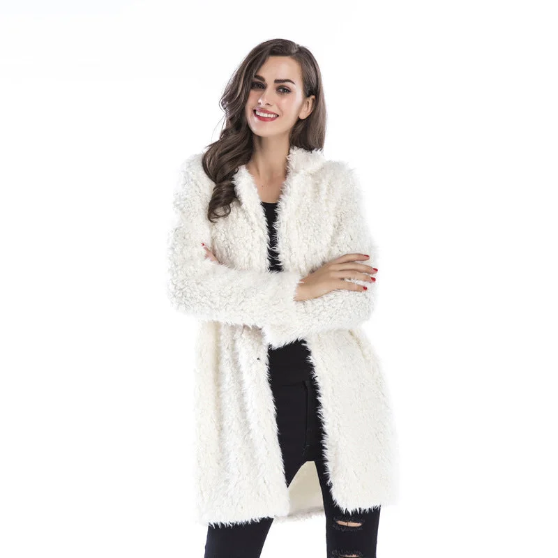 IKEARLAX New autumn and winter women's new fashionable and elegant lamb wool long-sleeved coat lapel fluffy medium and long coat Parka Down Jacket Wool Coat