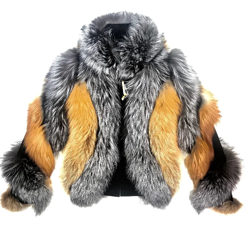 Kashani Ladies Two Tone Fox Fur Coat Bomber Jacket Denim Jacket Leather Jacket