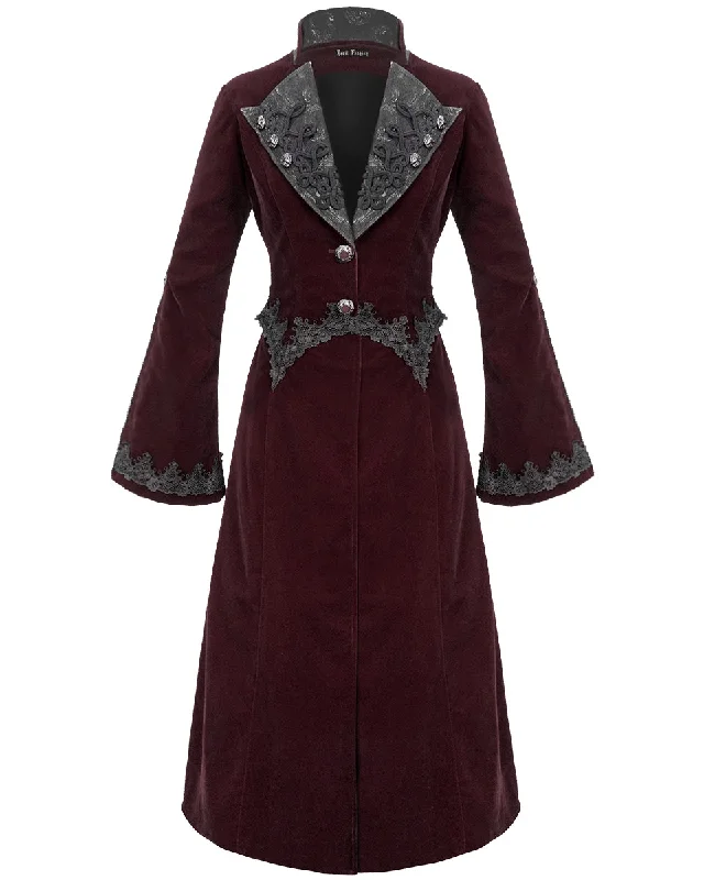 Devil Fashion Death Of Seasons Womens Long Gothic Coat - Red Velvet Houndstooth Jacket Shearling Jacket Fleece Jacket