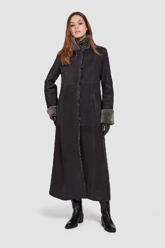 #4494 Maxi Length Shearling Coat Tailored Straight A-Line