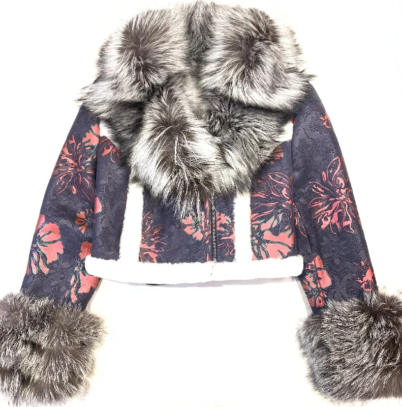 Kashani Ladies Floral Print Fox Fur Shearling Coat Stole Shawl Scarf