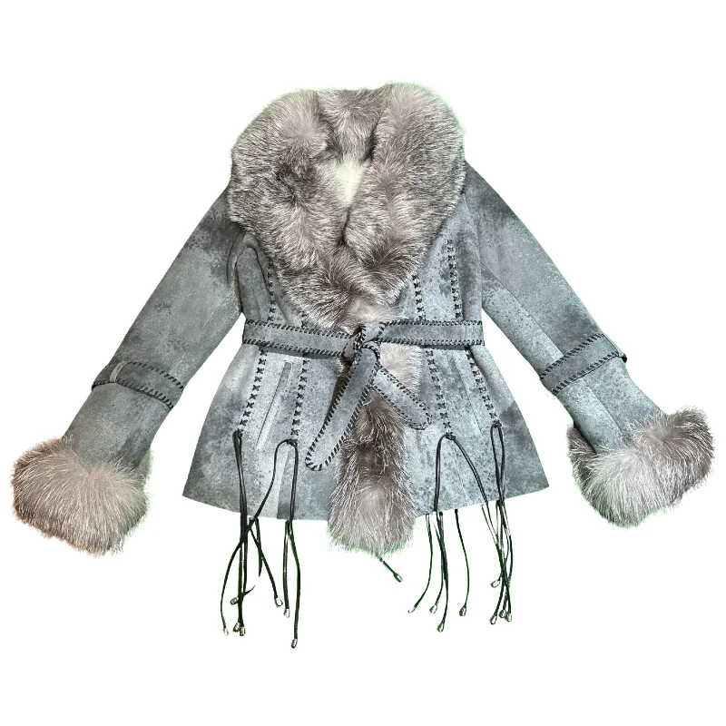 Kashani Women's Grey Hand Woven Silver Fox Fur Shearling Coat Cotton Linen Terry