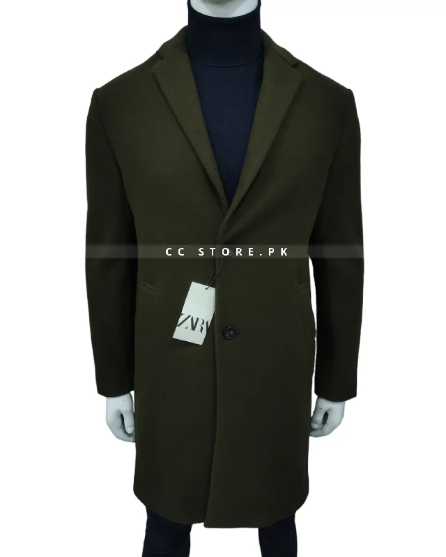 ZR Stretch Dark Green Long Coat Buttoned Zippered Snapped