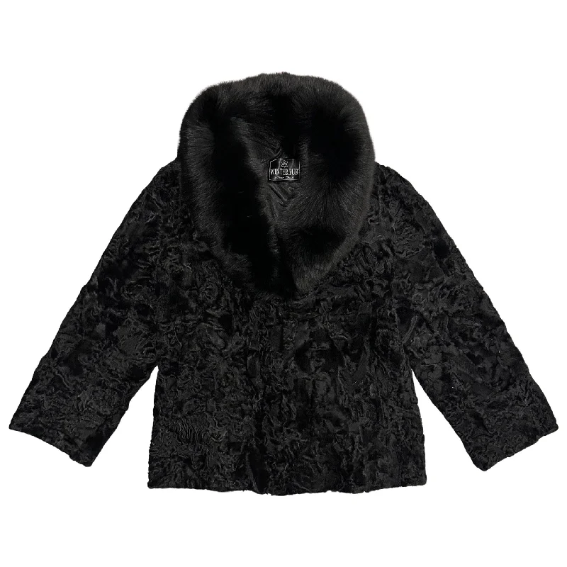 Kashani Ladies Black Full Persian Lamb/Fox Collar 3/4 Fur Coat Three-Quarter Sleeve Elbow Sleeve Wrist Sleeve