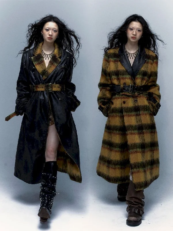 Reversible plaid patchwork leather trench coat【s0000005971】 Boat Neck Jacket Square Neck Jacket One-Shoulder Jacket