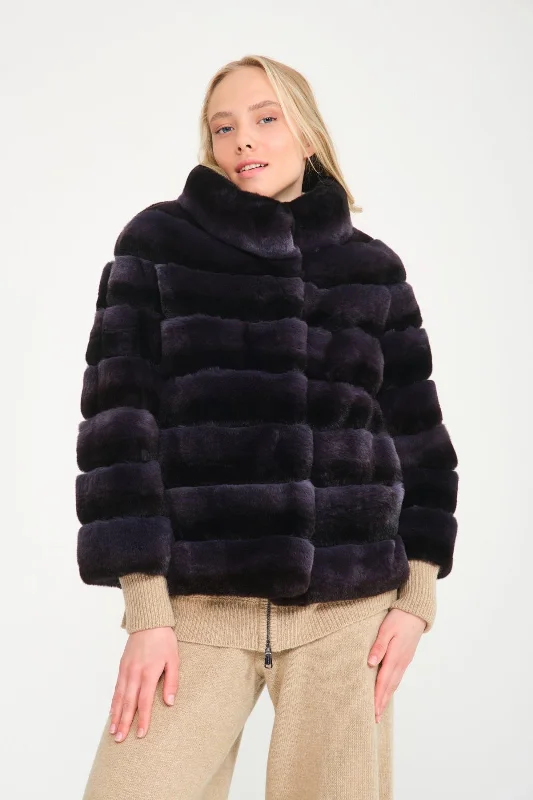 Dark Blue Rex Fur Coat Turtleneck Jacket Crew Neck Jacket V-Neck Jacket