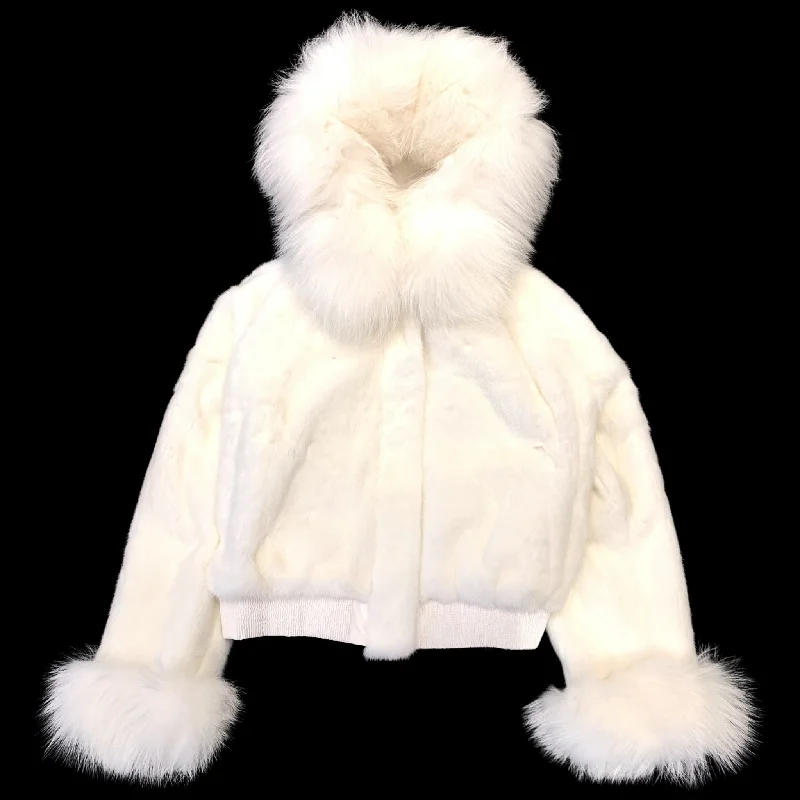 Kashani Ladies White Full Mink Fox Fur Hooded Coat Kimono Robe Cloak