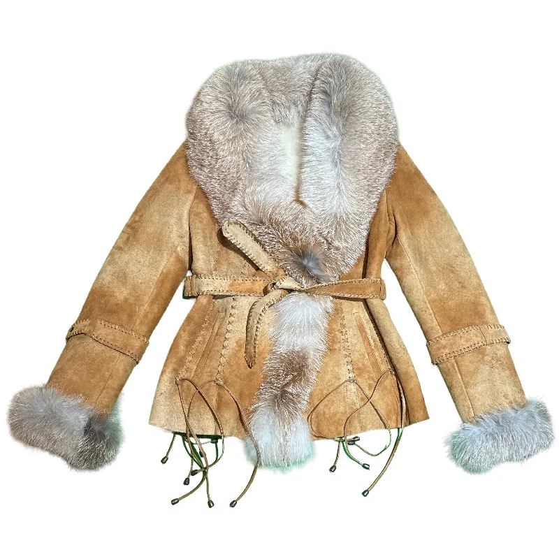 Kashani Women's Tan Hand Woven Crystal Fox Fur Shearling Coat Fleece Down Feather