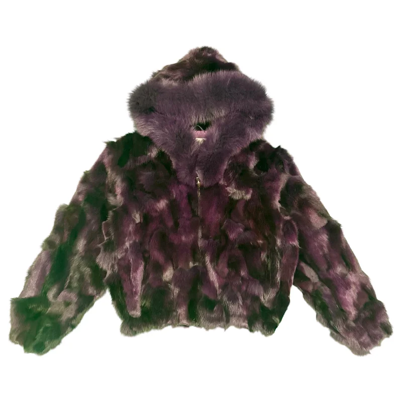 Kashani Women's Purple Fox Fur Hooded Coat Nylon Polyester Spandex