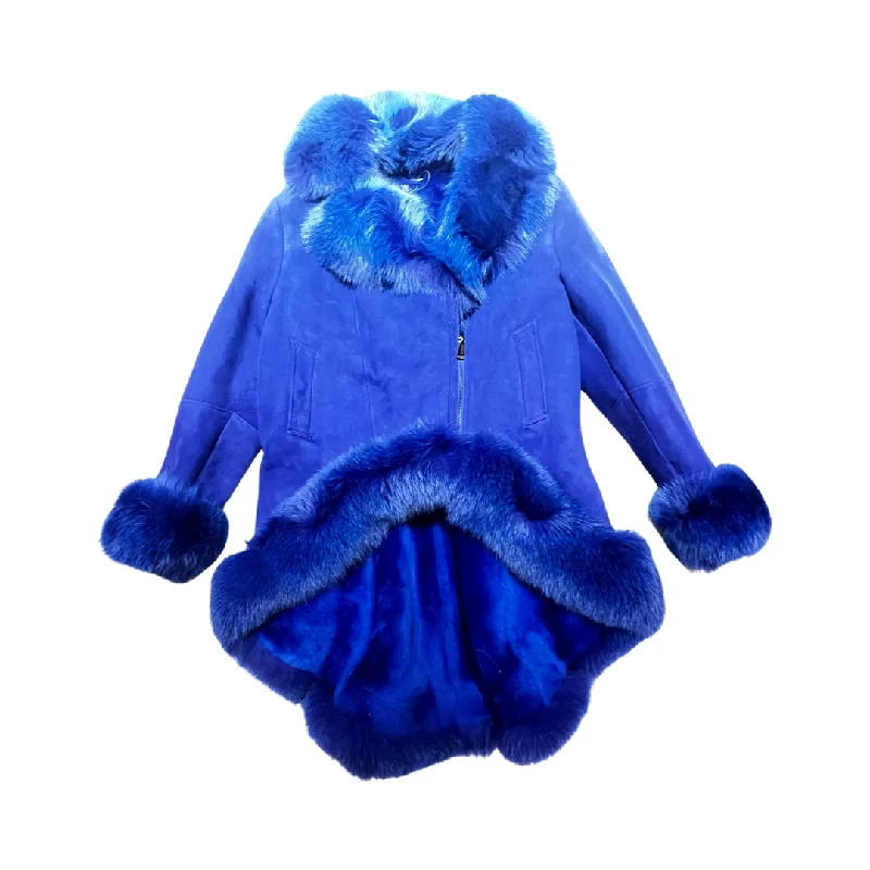 Kashani Ladies Blue Fox Cropped Long Trench Shearling Coat Hook-and-Loop Buckled Tied