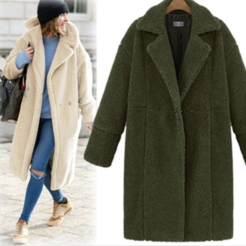 IKEARLAX New 2025 winter women's clothing fleece solid color 2025 trade medium and long woolen coat thickened coat Coat Overcoat Trench Coat