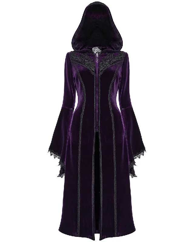 Punk Rave Womens Gorgeous Gothic Lace Applique Hooded Coat - Extended Size Range - Purple Velvet Plaid Tartan Floral