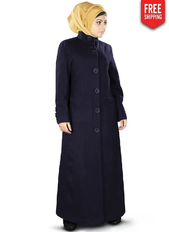 Safiyya Long Coat Navy Blue Herringbone Houndstooth Plaid