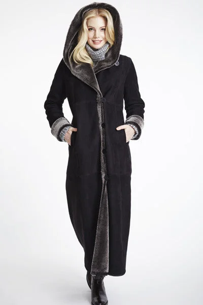 #6423 Long Hooded  Shearling Coat Fitted Loose Oversized