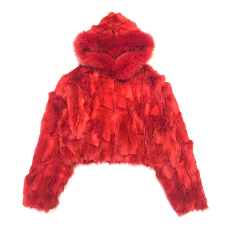 Kashani Ladies Red Hooded Fox Fur Coat Trench Wool Cashmere