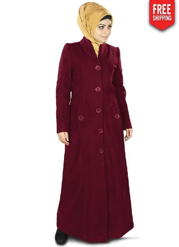 Izma Long Coat Maroon Cuffed Rolled Raglan