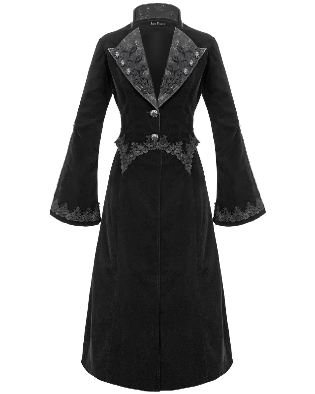 Devil Fashion Death Of Seasons Womens Long Gothic Coat - Black Velvet Peter Pan Collar Cowl Neck Turtleneck