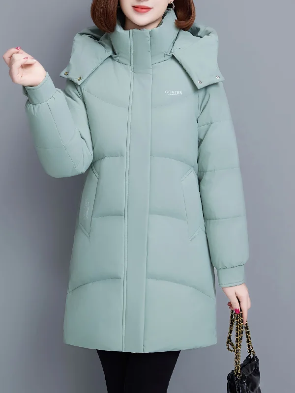 Elegant Thickened Long Hooded Slim-Fit Age-Reducing Polyester Coat Warm Solid Color with Zipper for Winter Pleated Ruffled tiered