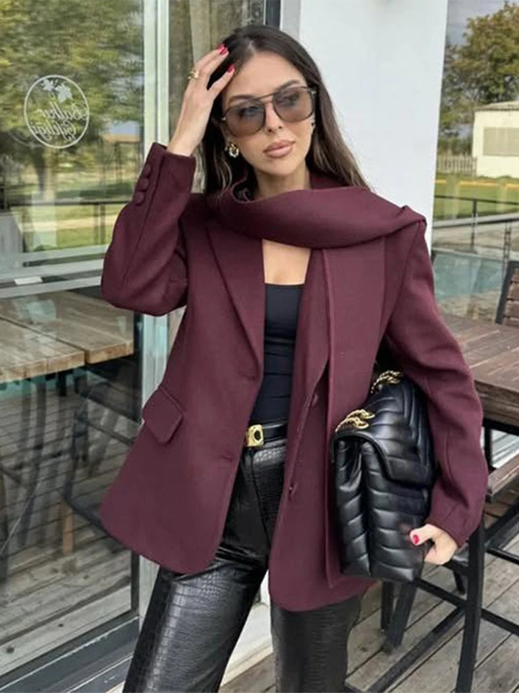 Lunivop Woolen Suit Collar Coats With Scarf Women Elegant Solid Single Breasted Coat Female Autumn Winter Chic High Street Outwear Tops Cardigan Sweater Pullover