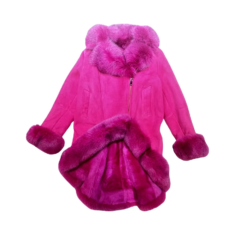 Kashani Ladies Pink Fox Cropped Long Trench Shearling Coat Elasticated Drawstring Belted