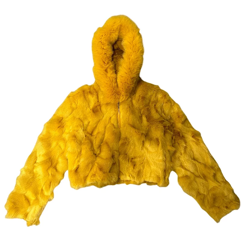 Kashani Ladies Yellow Hooded Fox Fur Coat empire Basque Peplum