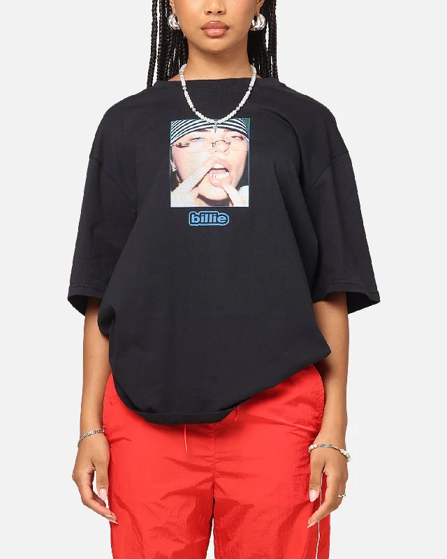 Billie Eilish Billie Gem Organic Cotton T-Shirt Black Notch Collar Peter Pan Collar Cowl Neck