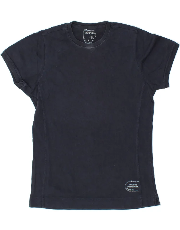 CHAMPION Womens T-Shirt Top UK 14 Large Navy Blue Cotton Cotton Fabric Linen Fabric Terry Fabric