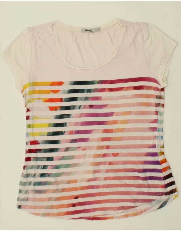 DESIGUAL Womens T-Shirt Top UK 12 Medium Multicoloured Striped Zippered Front Buttoned Front Snap Front