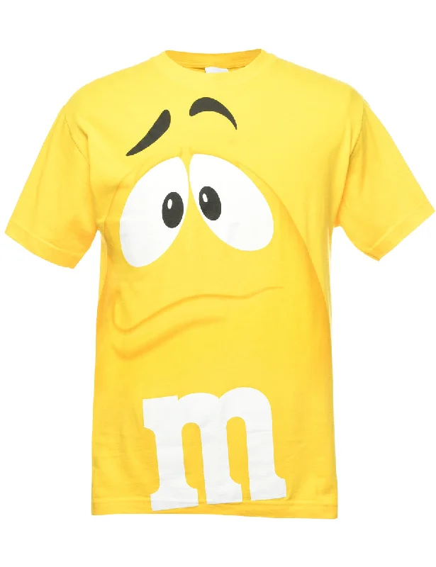 M& M Yellow Printed T-shirt - M V-Neck T-Shirt Long Sleeve Cotton