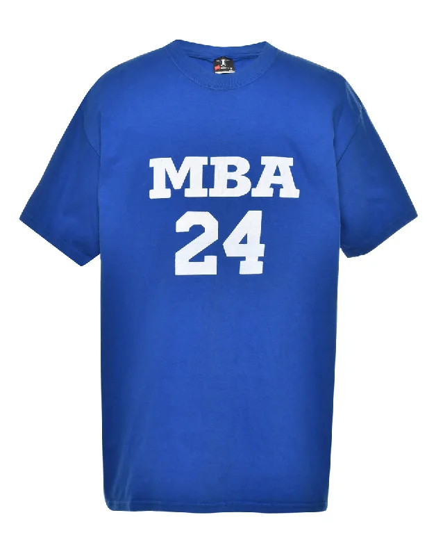 MBA Blue Printed T-shirt - L Handmade Hand-knitted Hand-woven