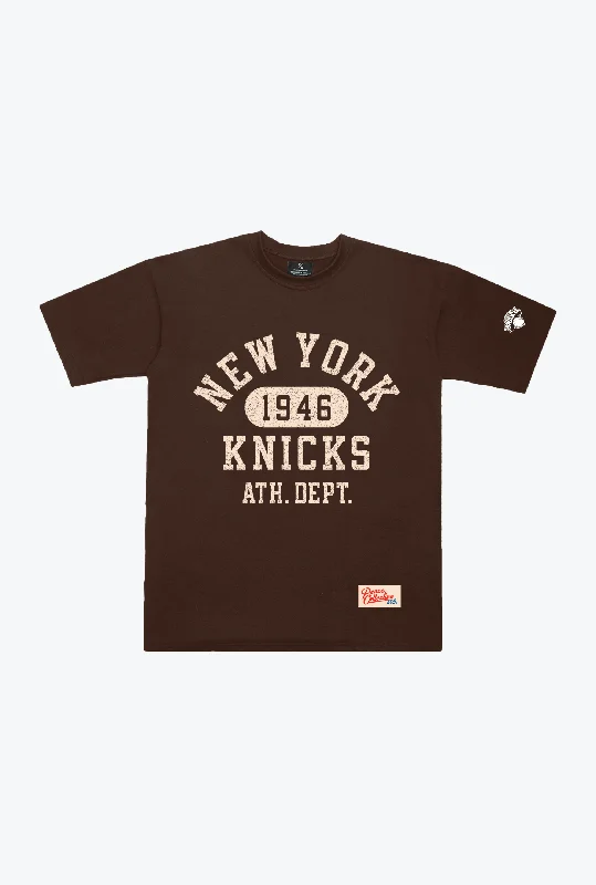 New York Knicks Collegiate Heavyweight T-Shirt - Walnut Print Jacquard Patchwork