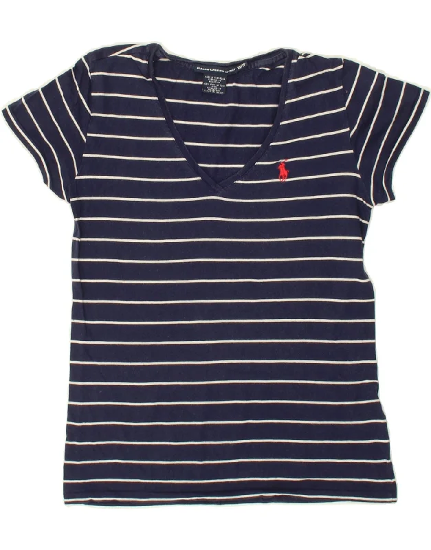 RALPH LAUREN Womens T-Shirt Top UK 6 XS Navy Blue Striped Cotton Nautical Basic T-Shirt Crew Neck Short Sleeve