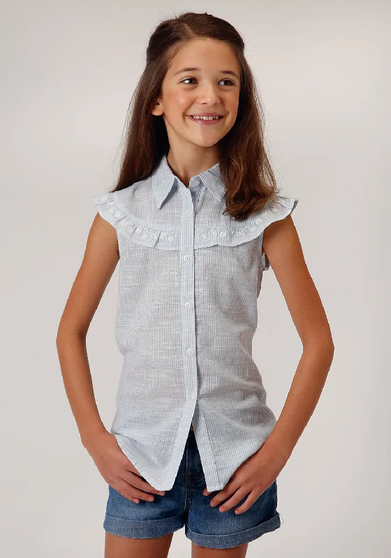 Roper Girls Light Blue 100% Cotton Ruffle Yoke S/L Shirt Asymmetrical Pockets Print