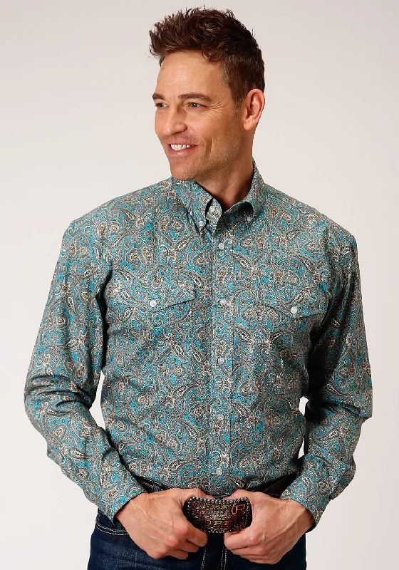 Roper Mens Turquoise 100% Cotton Saddle Paisley BD L/S Button Shirt Anti-Shrink Durable Soft