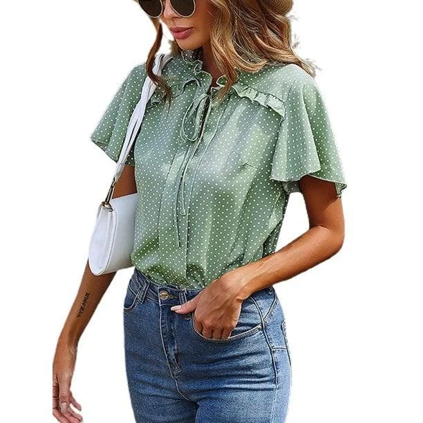 Women Ruffle Lace Up Women T-Shirt Collared Crew Neck Turtle Neck