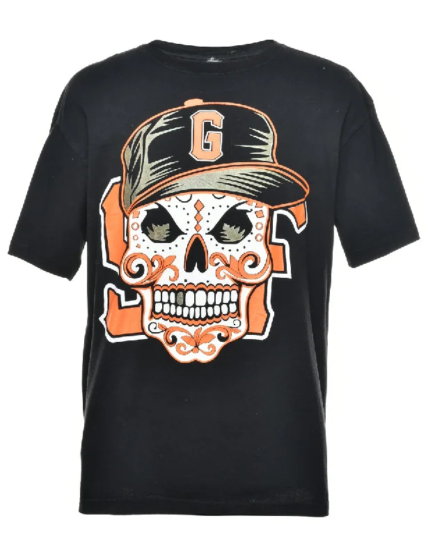 Skull Print Black & Orange T-shirt - L Lace Blend Ribbed Blend Corduroy Blend