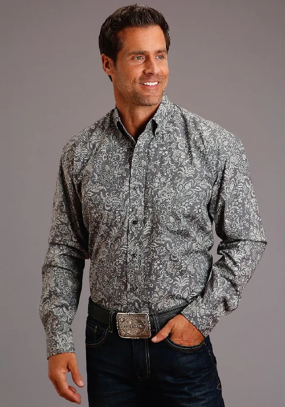 Stetson Mens Grey 100% Cotton Silver Paisley BD L/S 1 Pocket Shirt Anti-Shrink Durable Soft