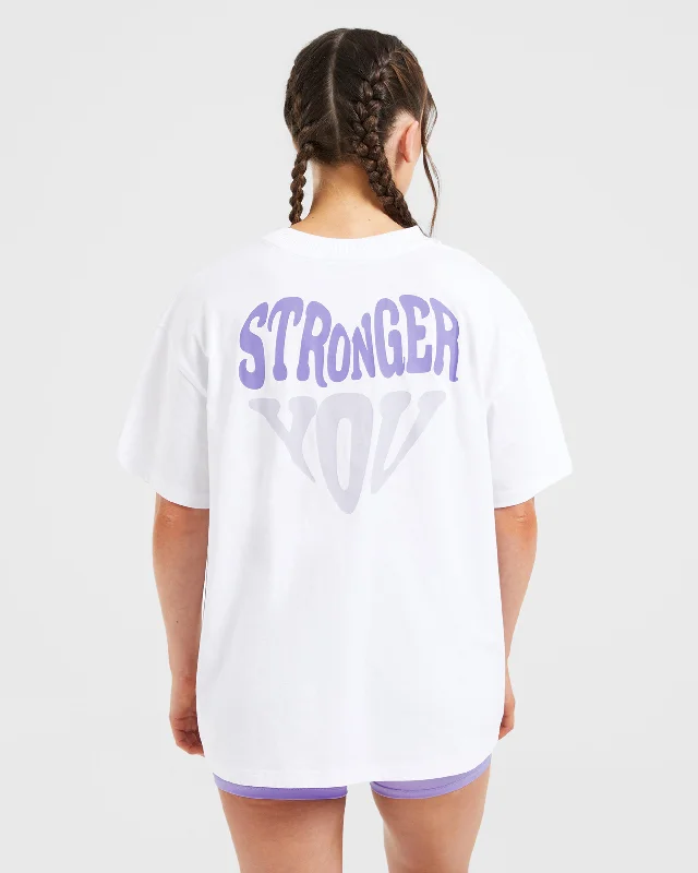 Stronger You Oversized T Shirt - White/Purple Graphic T-Shirt Round Neck Polyester