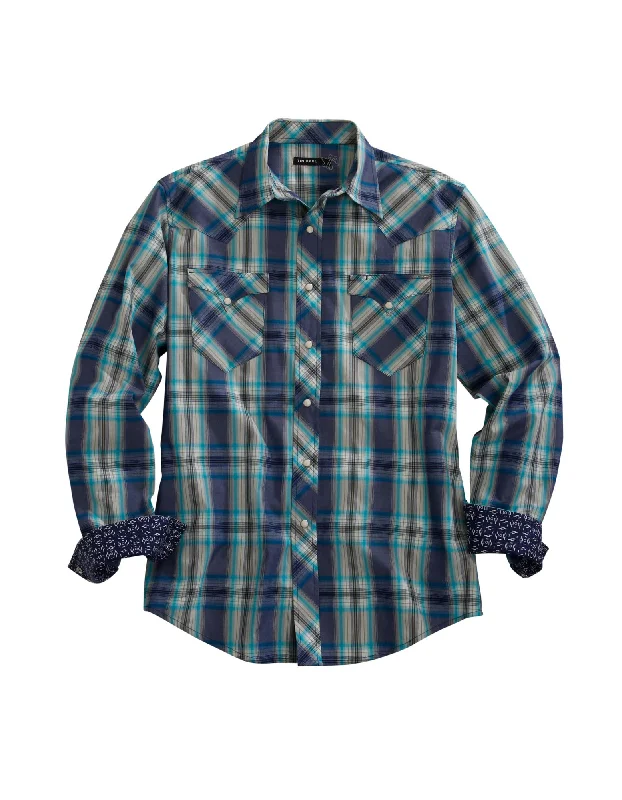 Tin Haul Mens Blue 100% Cotton Grid Plaid L/S Shirt Iron Safe Non-Iron Wrinkle Free