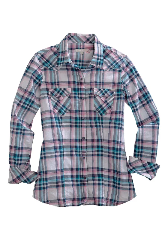 Tin Haul Womens Indigo/Pink 100% Cotton Plaid L/S Shirt Satin Fabric Silk Fabric Chiffon Fabric