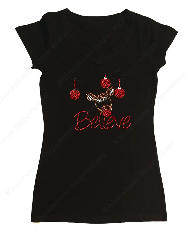 Womens T-shirt with Believe Reindeer in Rhinestuds Jersey Fabric Tulle Fabric Batik Fabric