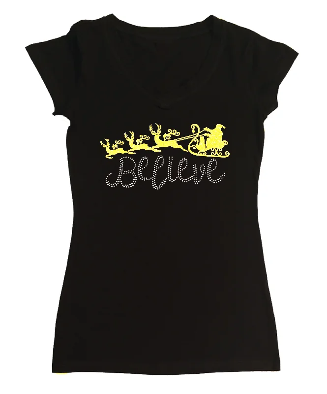 Womens T-shirt with Believe with Santa Sleigh in Glitters and Rhinestones Polka Dot Checkered Tartan