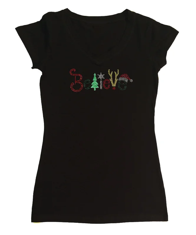 Womens T-shirt with Christmas Believe in Glitters and Rhinestones Print Jacquard Patchwork