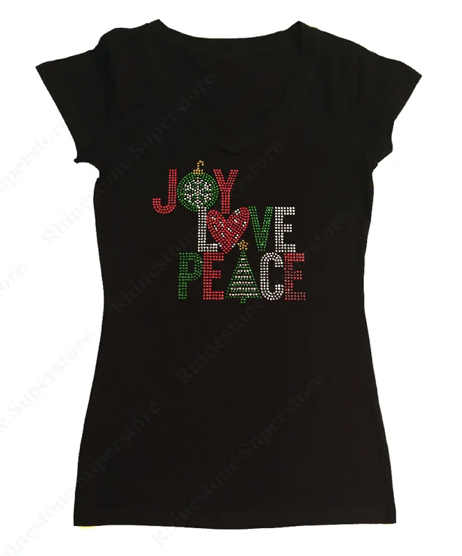 Womens T-shirt with Christmas Joy Love Peace in Rhinestones Spandex Blend Rayon Blend Denim Blend