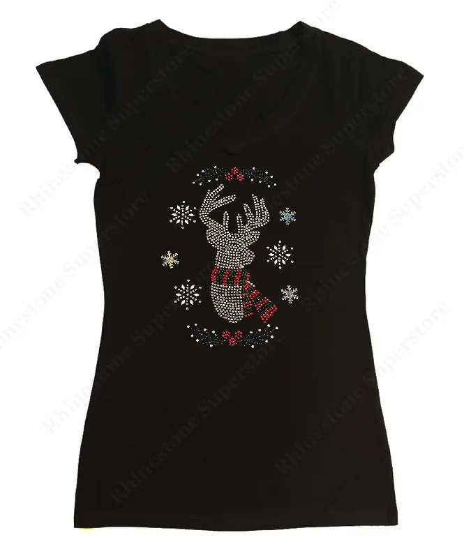 Womens T-shirt with Christmas Reindeer with Snowflakes in Rhinestones Denim Fabric Leather Fabric Suede Fabric